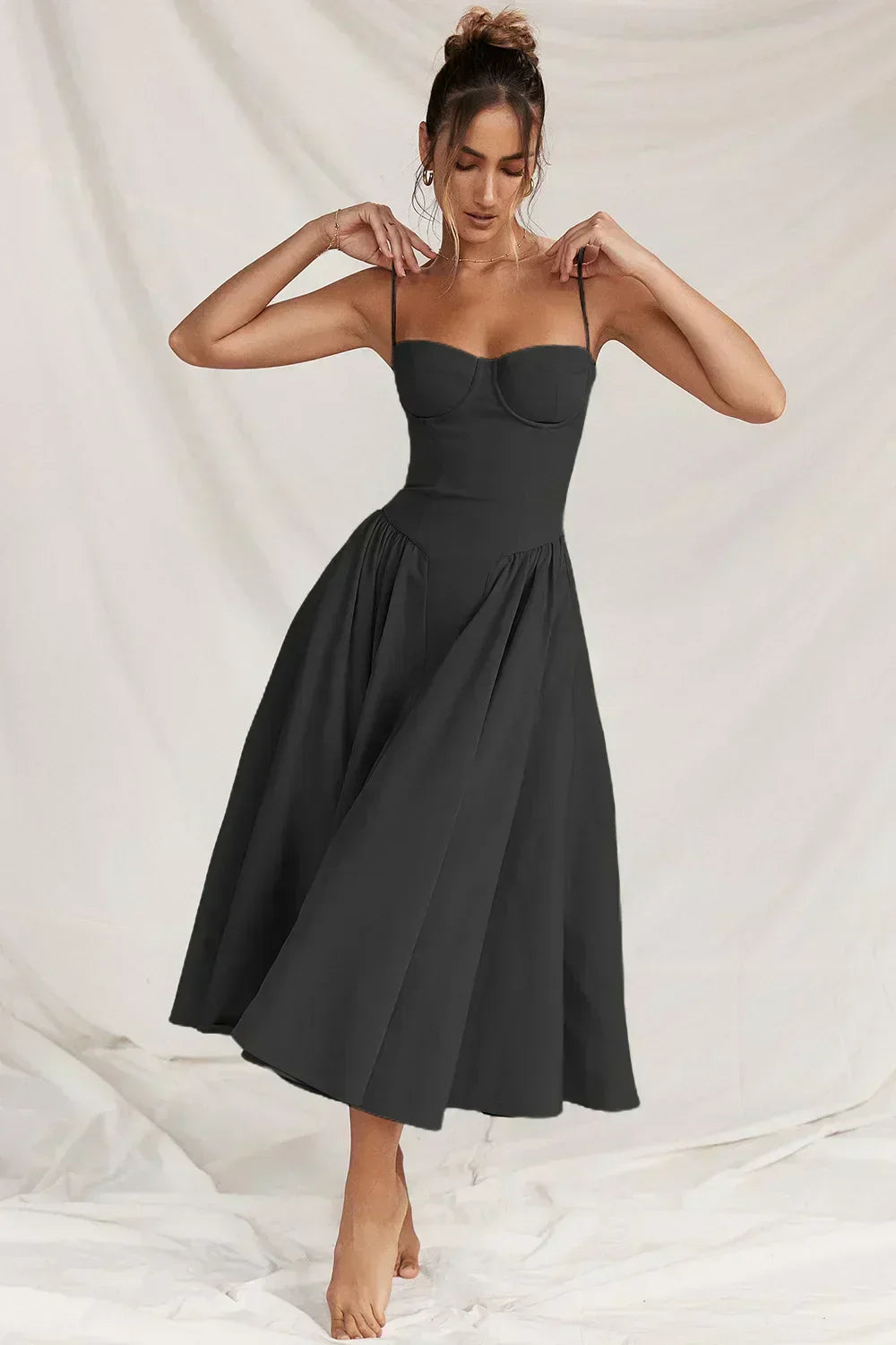 Spaghetti Strap Corset Bodice Pleated Fit and Flare Midi Dress - View 18