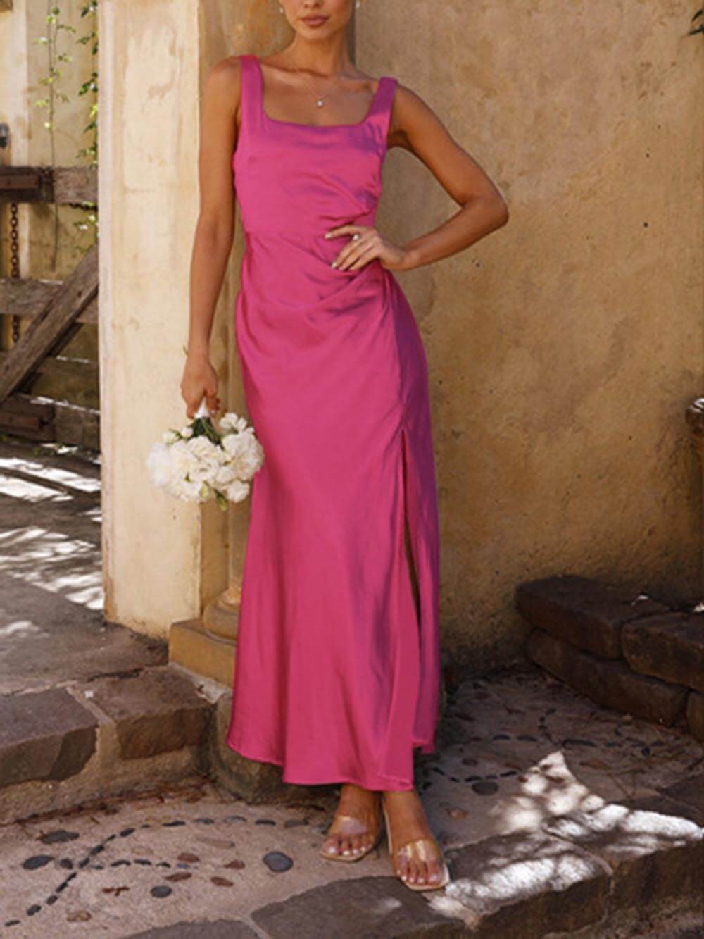 Satin Square Neck Ruched High Split Maxi Dress
