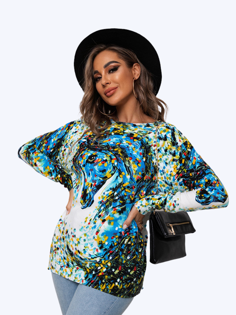 Large Size Loose Printed Pullover Knit Cross-border Round Neck Casual Top Dress - Fashionpara