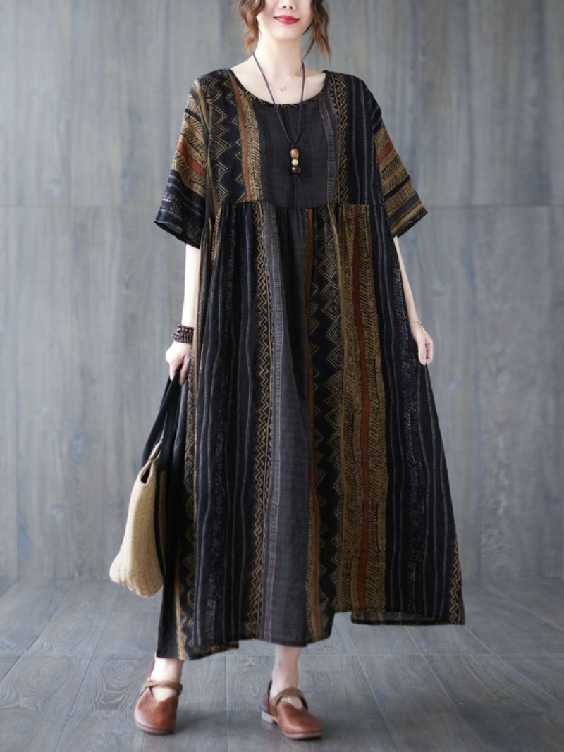 Striped Round Neck Short Sleeve Smock Midi Dress 2