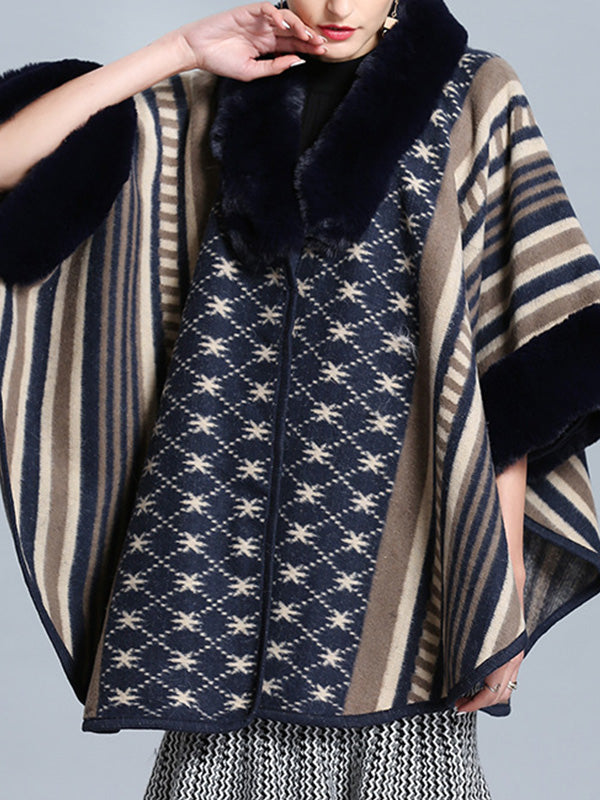 Stripe Bordeus Fluffy Neck Plus Size Cape Cardigan 20