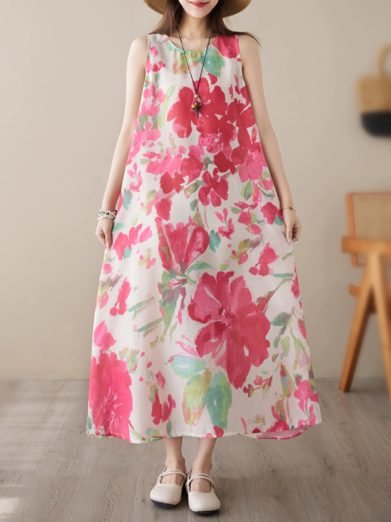 Floral Print Round Neck Sleeveless A-Line Midi Dress 3