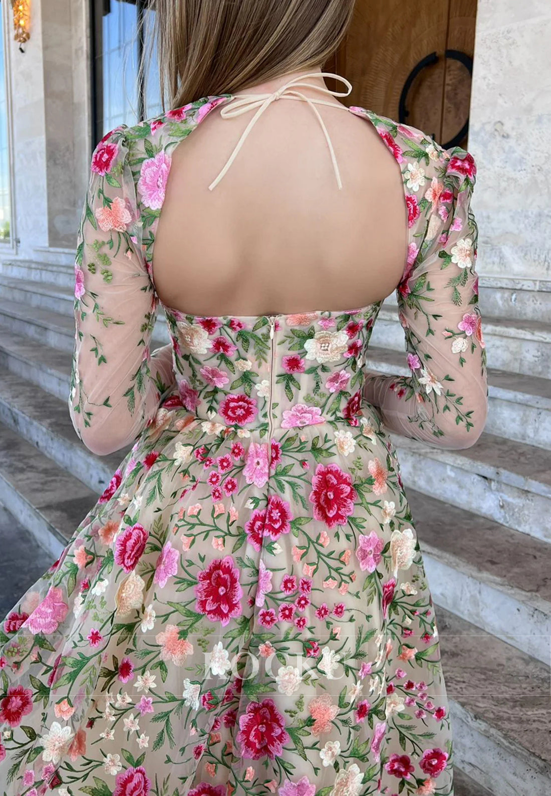 Long Sleeve Queen Anne Floral Appliqued Pleated Prom Dresses