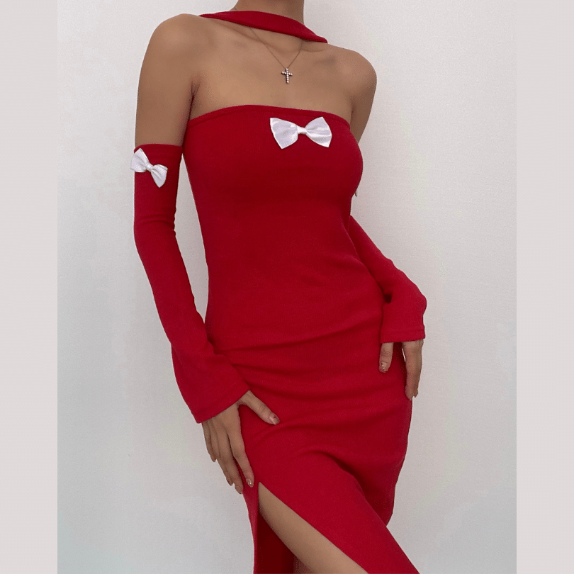 Knit Off Shoulder Long Sleeve High Split Bodycon Midi Dress