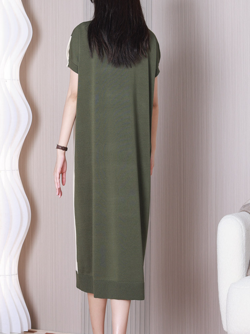 Two-Tone Knit Round-Neck Short-Sleeve Cocoon Midi Dress 2