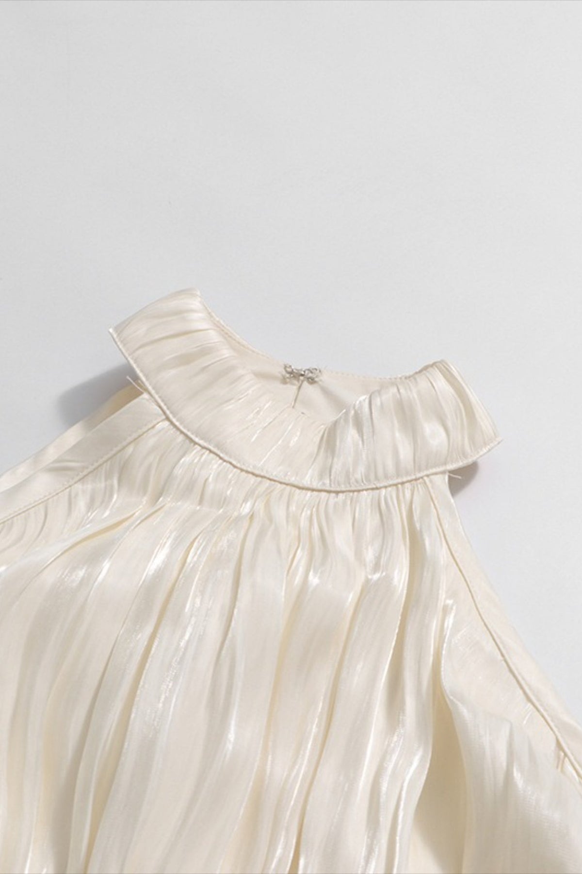 Satin High-Neck Cold-Shoulder Bishop-Sleeve Pleated Maxi Dress