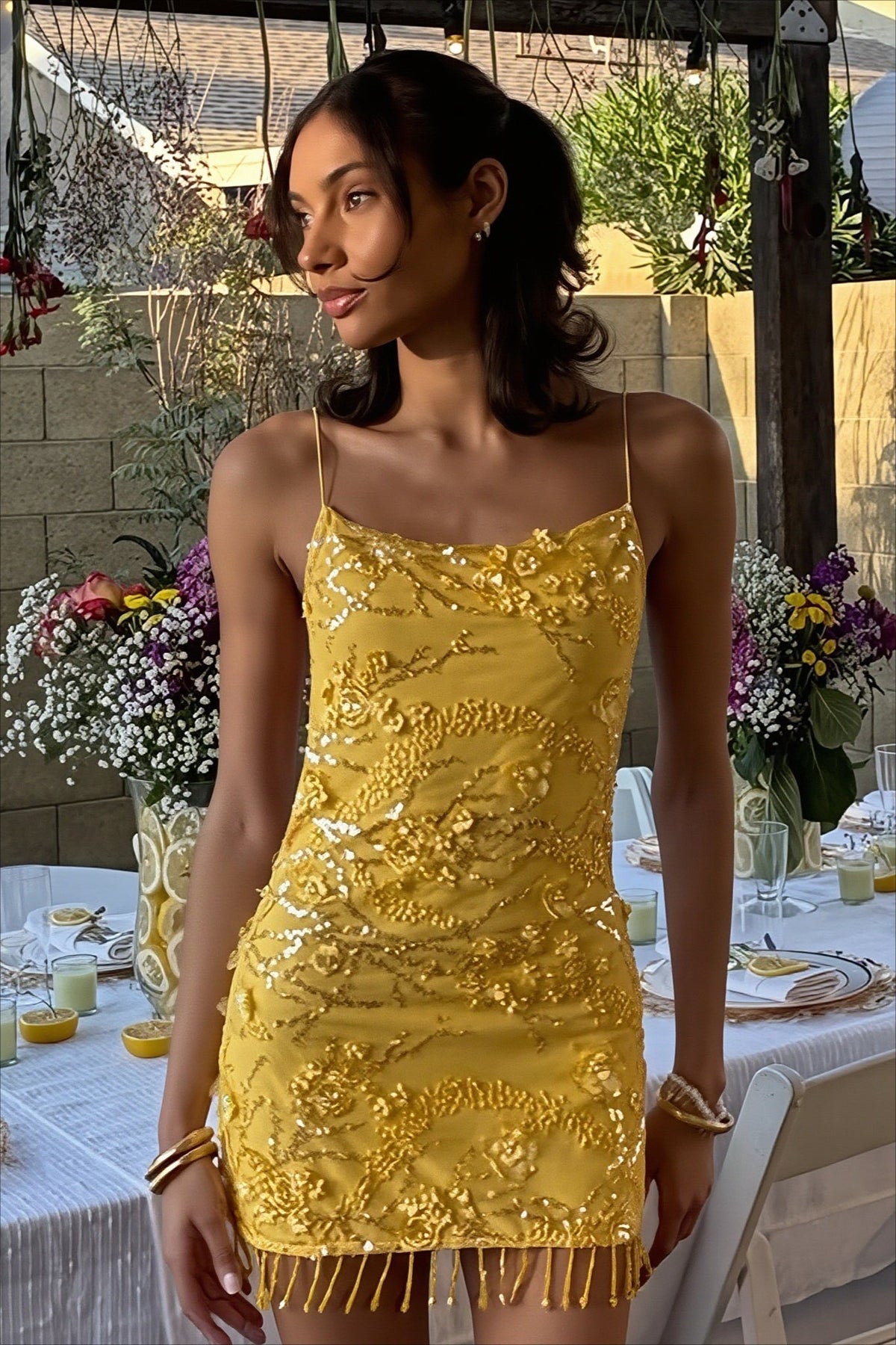Sequin Spaghetti Strap Cut-Out Beaded Fringe Mini Dress