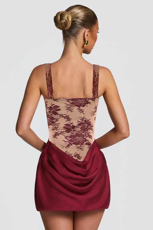 Square-Neck Lace Corset Ruched Satin Mini Dress