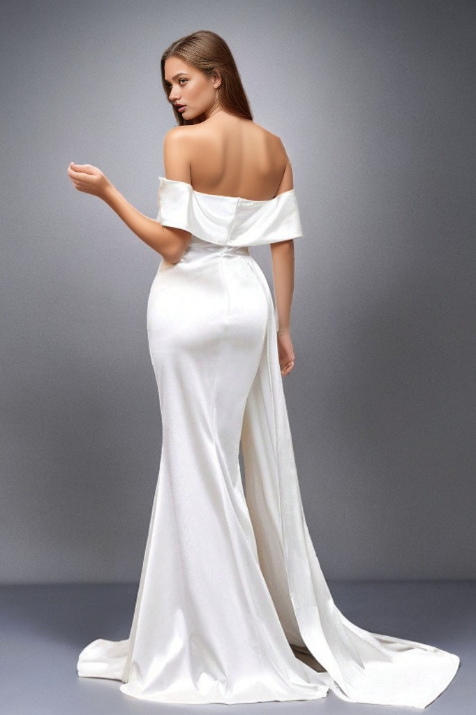 Satin Off Shoulder Ruched High Split Maxi Formal Gown - View 10