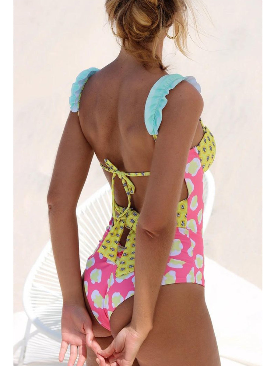 Backless Dot Printed Patchwork Pink One-piece - Fashionpara