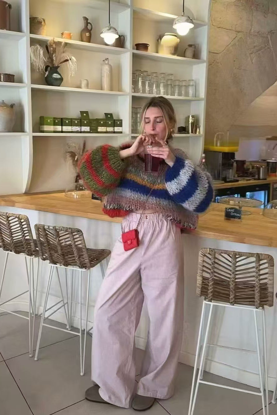 Chic Rainbow Stripe Crewneck Long Sleeve Knit Sweater