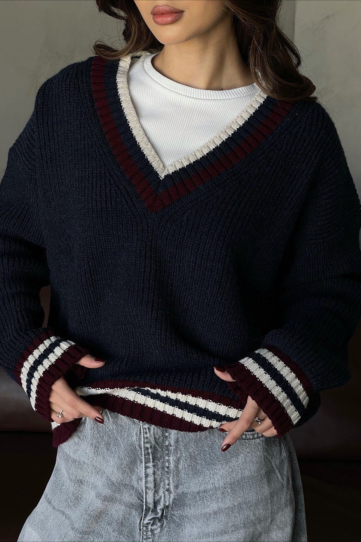 PrincessAce V Neck Striped Long Sleeve Sweater in Chic Style
