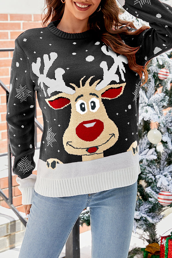 Lady Rin Christmas Print Long Sleeve Crew Neck Sweater