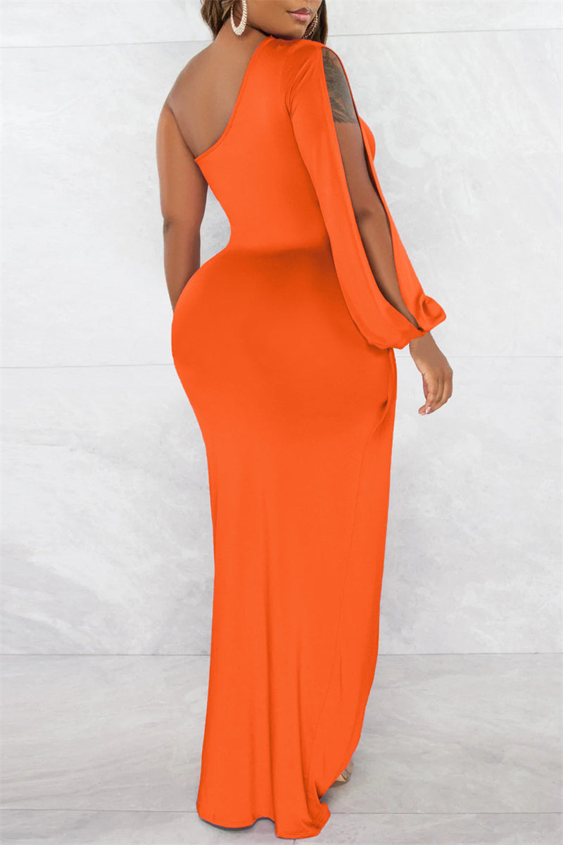 Sexy Formal Solid Backless Slit Oblique Collar Long Sleeve Dresses  Fashionpara