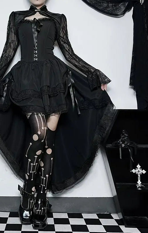 Uneven Folded Lace Black Midi Dress