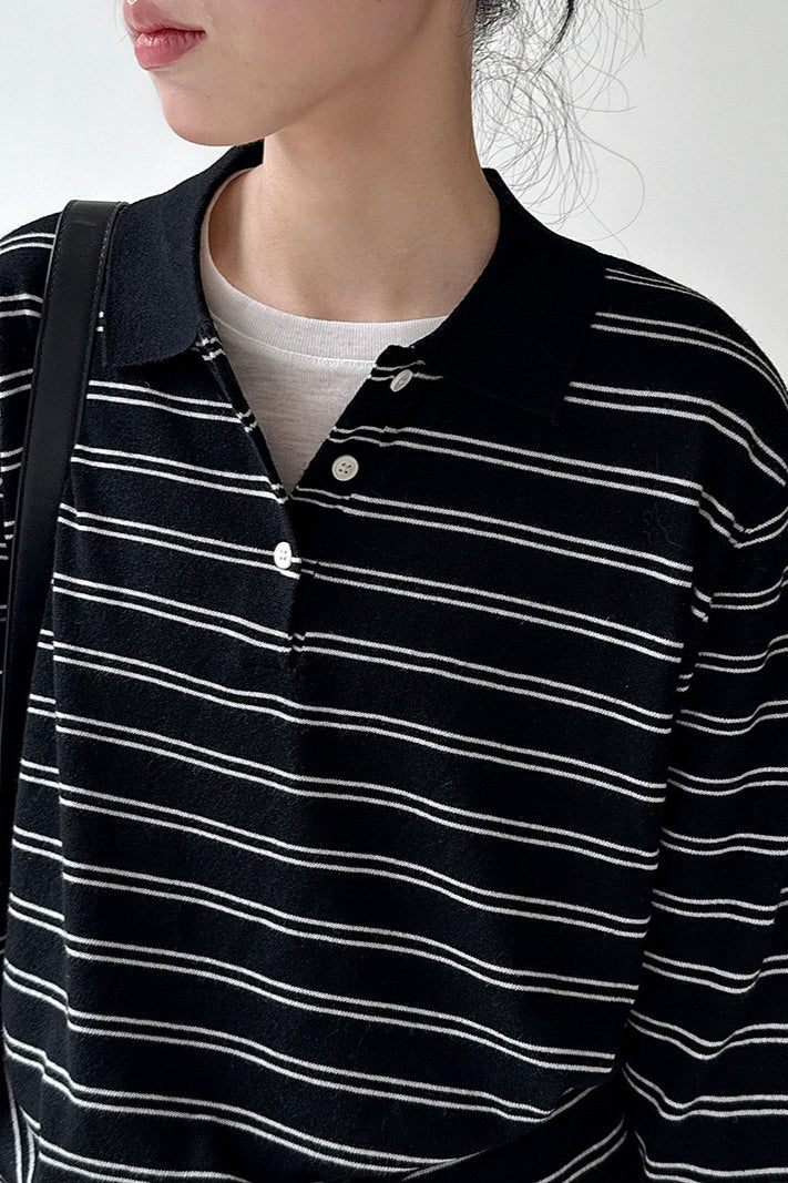 Soft Wool Striped Polo Collar Long Sleeve Blouse