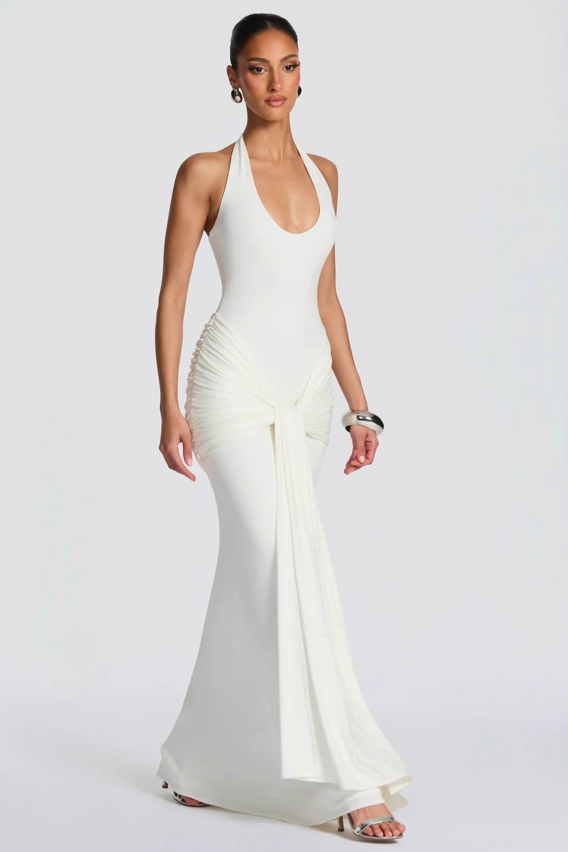 Halter Scoop-Neck Knot-Drape Jersey Fishtail Gown