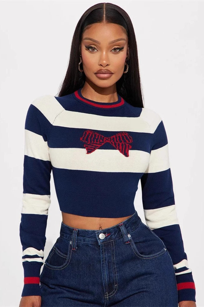 Bow Detail Striped Knit Sweater