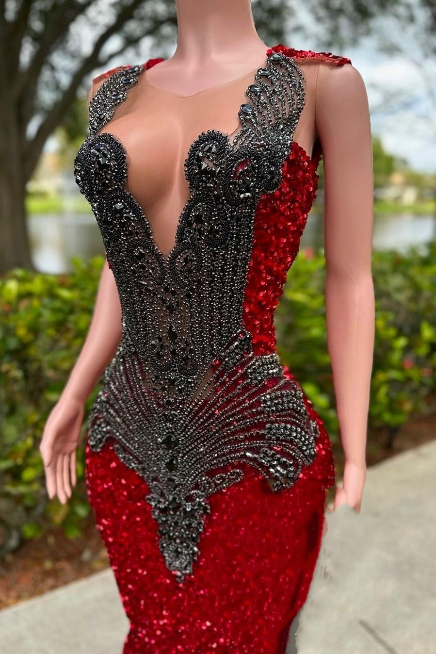Beautiful Long V-neck Burgundy Sequined Prom Party Dresses - Fashionpara
