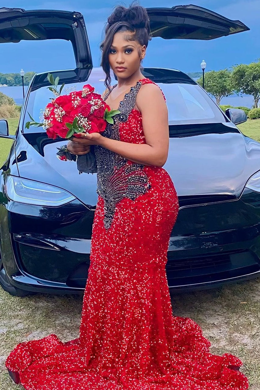 Beautiful Long V-neck Burgundy Sequined Prom Party Dresses - Fashionpara