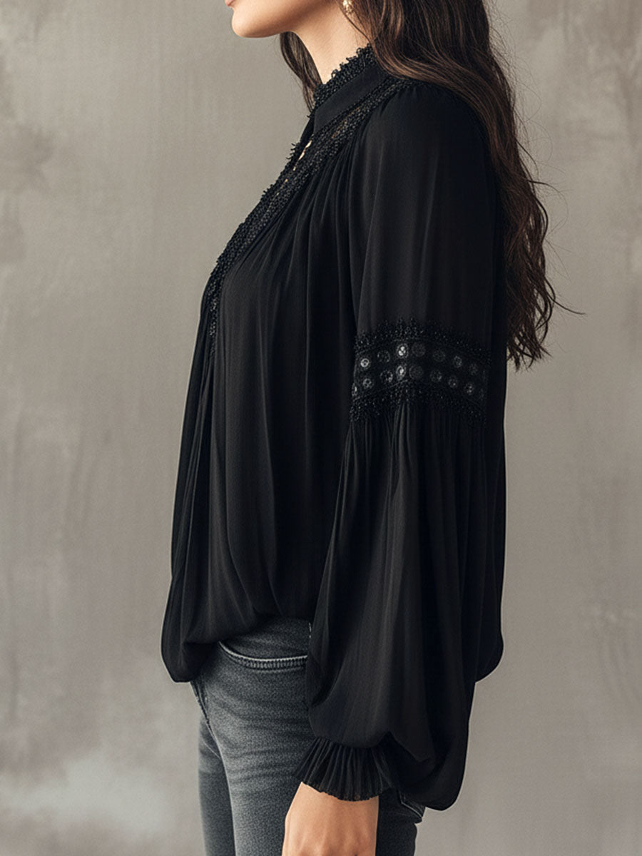 Black Lace Blouse – Vintage Boho Long-Sleeve Top With V-Neck And Puff Sleeves - Fashionpara