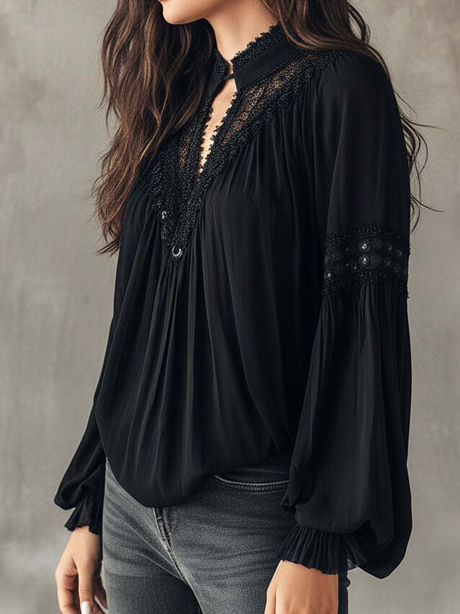 Black Lace Blouse – Vintage Boho Long-Sleeve Top With V-Neck And Puff Sleeves - Fashionpara