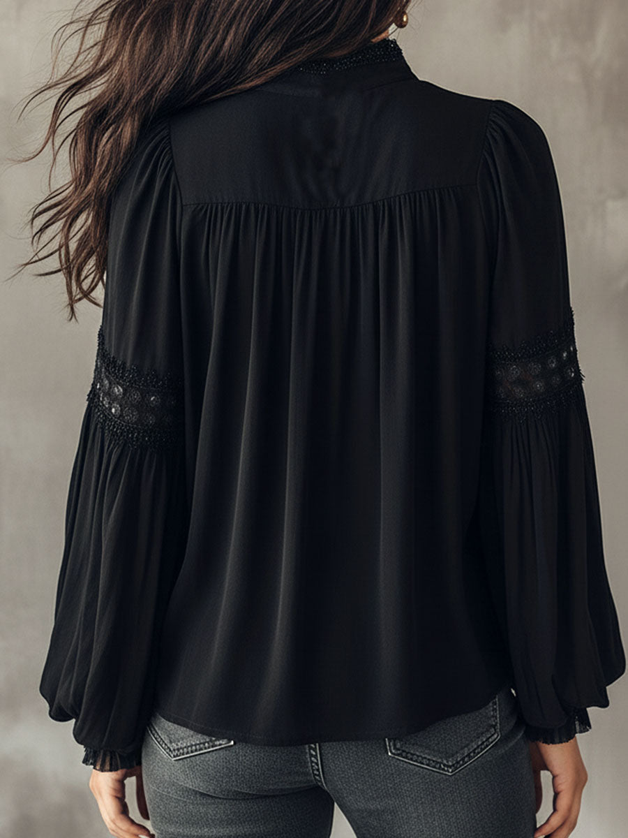 Black Lace Blouse – Vintage Boho Long-Sleeve Top With V-Neck And Puff Sleeves - Fashionpara