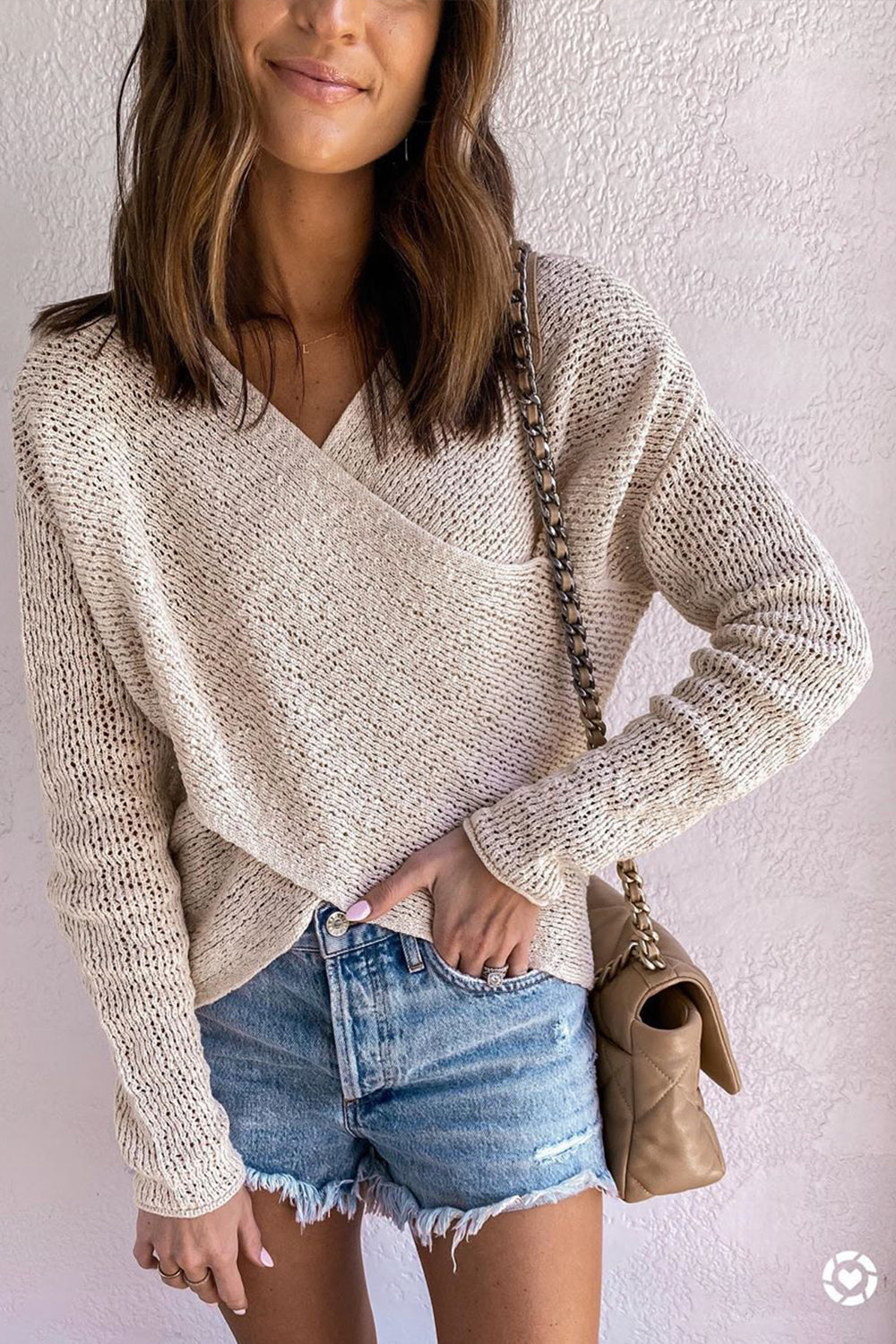 RadyRin Front Cross Long Sleeve Solid Color Sweater