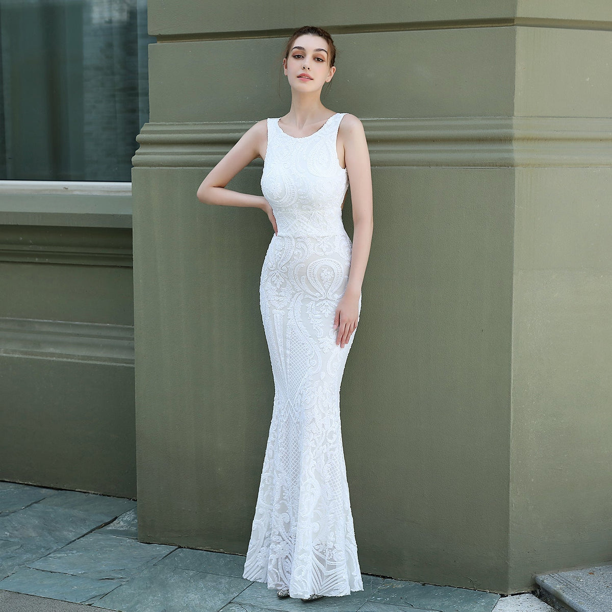 Sequin Round Neck Sleeveless Mermaid Gown - View 7