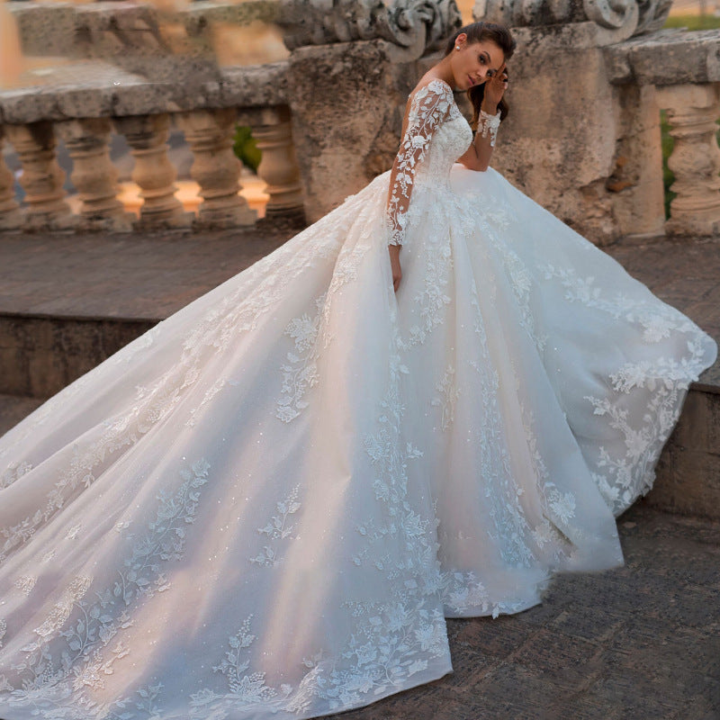 Deep V-Neck Long Tail Wedding Dress