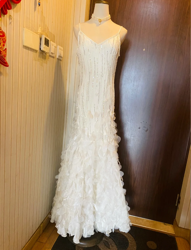 Dreamy White Mermaid Beaded 3D Petal Sequin Long Prom Dress Evening Dress P4181