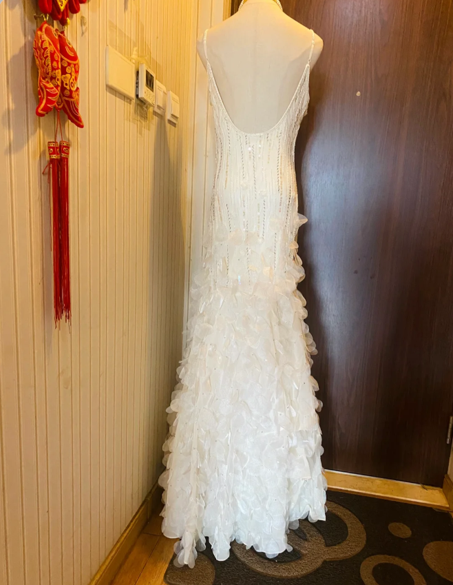 Dreamy White Mermaid Beaded 3D Petal Sequin Long Prom Dress Evening Dress P4181