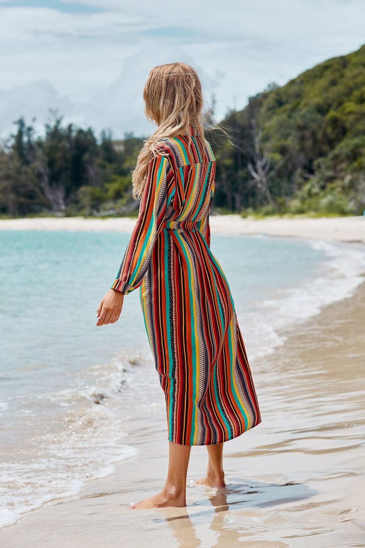 Striped Collared Long Sleeve Belted Shirt Dress