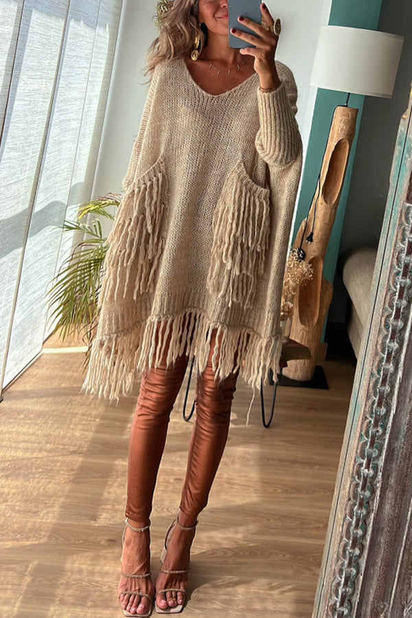 Cozy Knit Sweater with Tassel Trim and Pocket Details