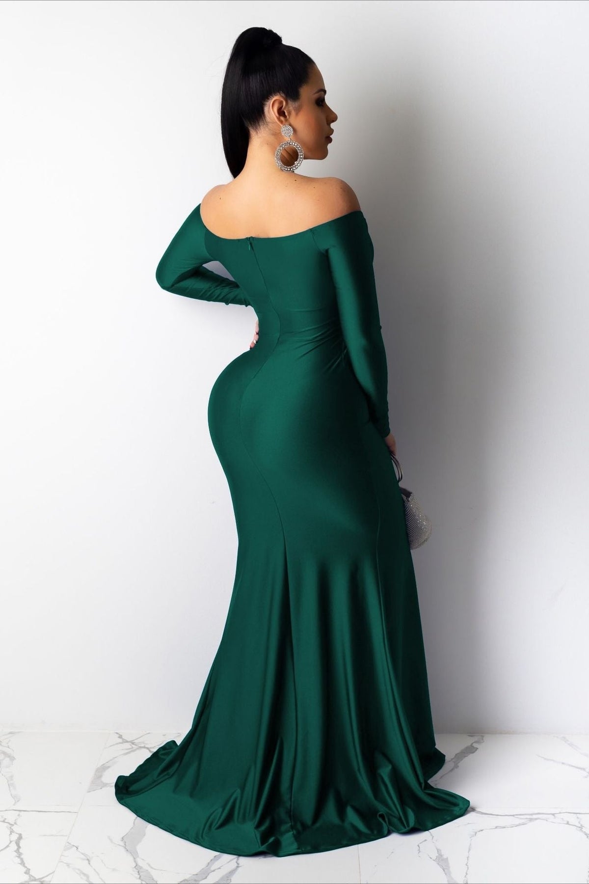 Satin Off Shoulder Long Sleeve High Split Mermaid Maxi Gown - View 5