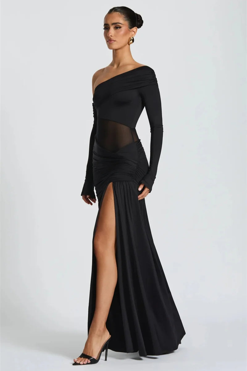 Off-Shoulder Long Sleeve Backless Thigh Split Maxi Dress