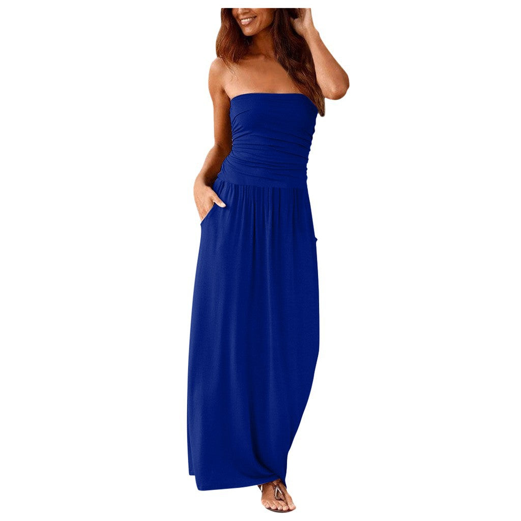 Jersey Strapless Ruched Pocket Maxi Dress