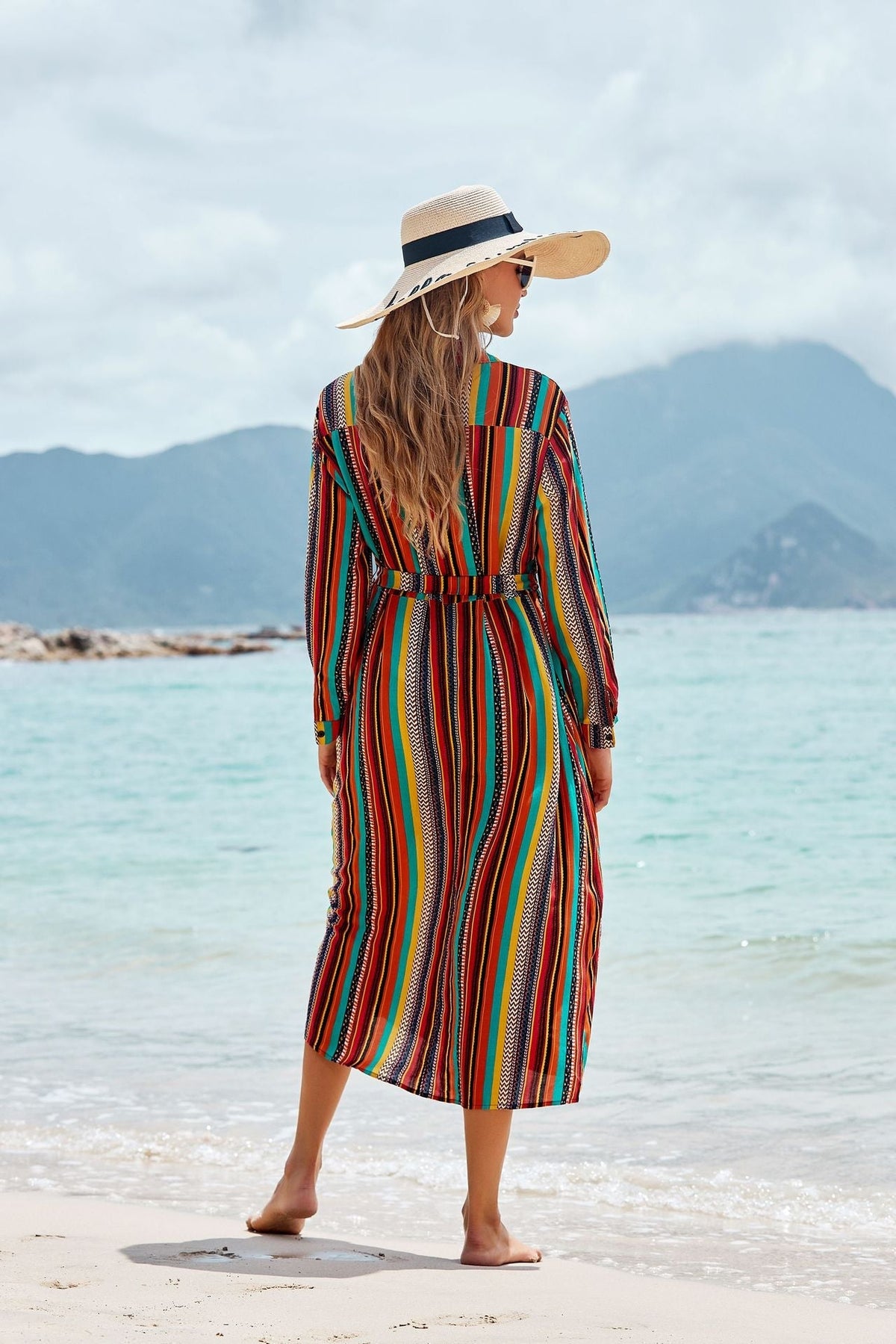 Striped Collared Long Sleeve Belted Shirt Dress