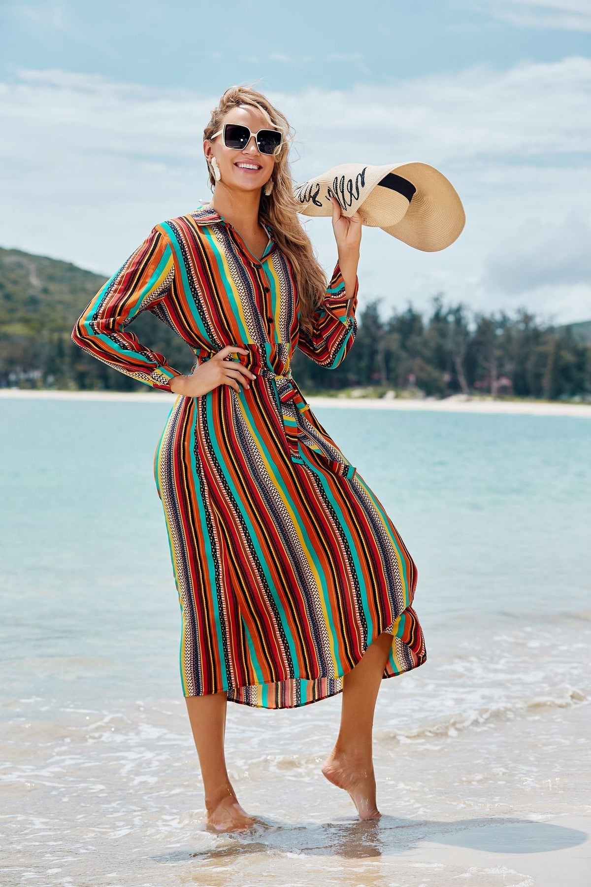 Striped Collared Long Sleeve Belted Shirt Dress