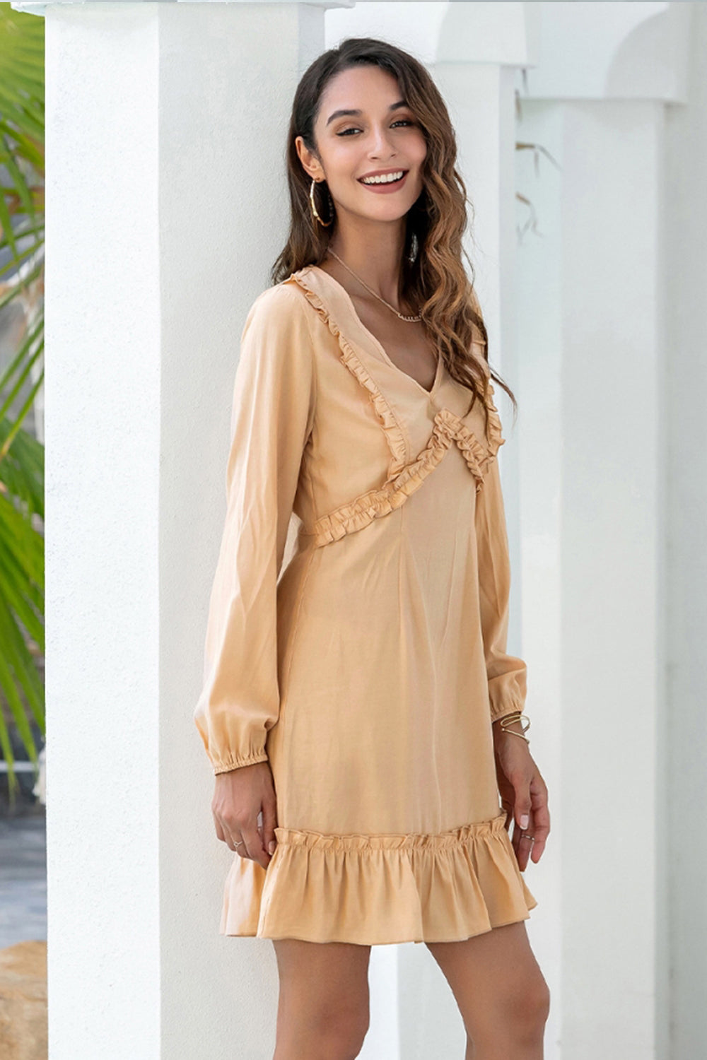 Solid Color V-neck Puff Sleeve Dress - Fashionpara