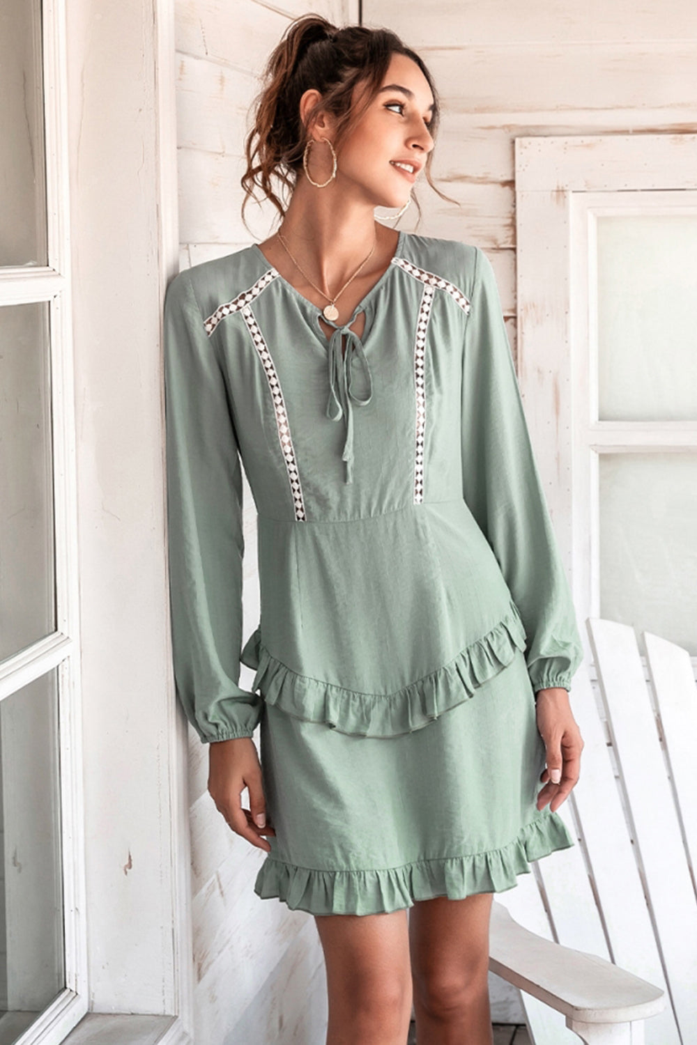 Solid Color Hollow Puff Sleeve Dress - Fashionpara