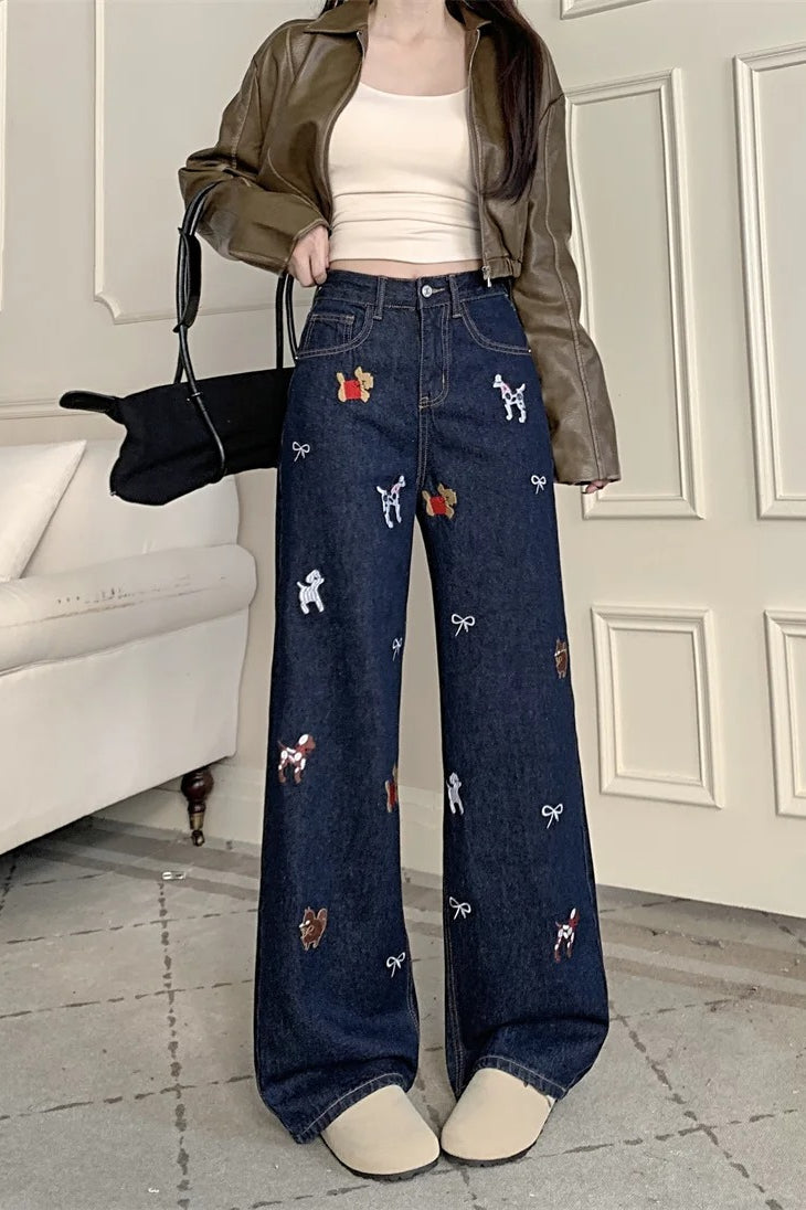 Embroidered Print Wide Leg Denim Jeans