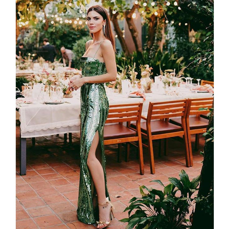 Sequin Straight Neck Spaghetti Strap Bodycon Maxi Dress