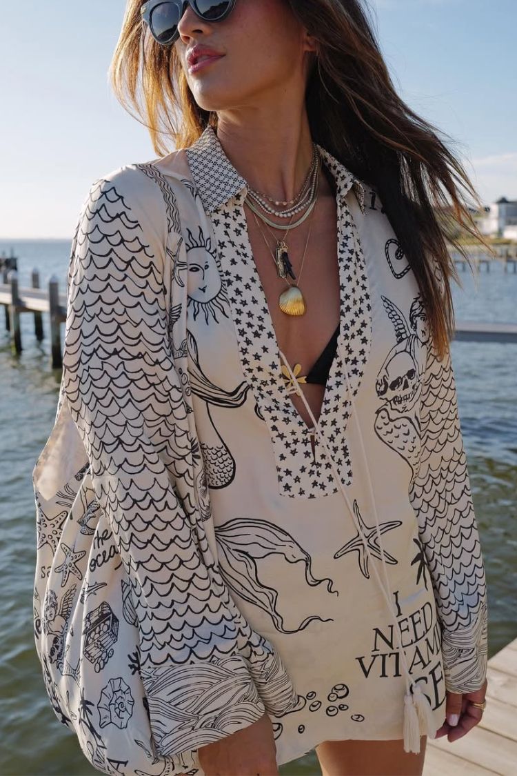 Live By Water Satin Unique Print Tassle Shirt and Elastic Waist Shorts Set - Fashionpara