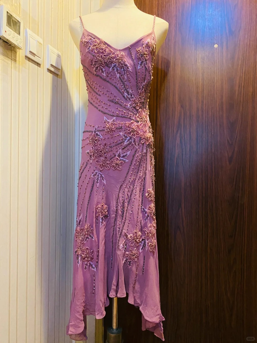 Vintage Purple Sequined Beaded 3D Floral Chiffon Prom Dress Evening Dress P4184