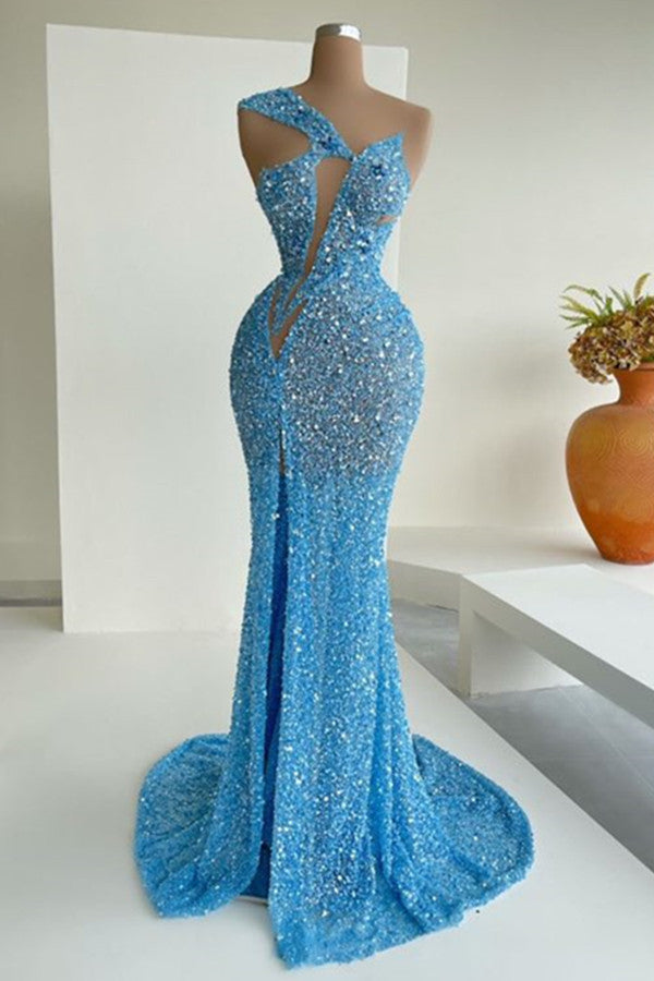Beautiful Ocean Blue Sequins One-Shoulder Mermaid Long Prom Dresses With Split - Fashionpara