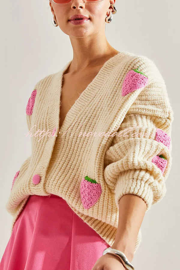 V-neck Strawberry Embellished Knitted Cardigan for Style