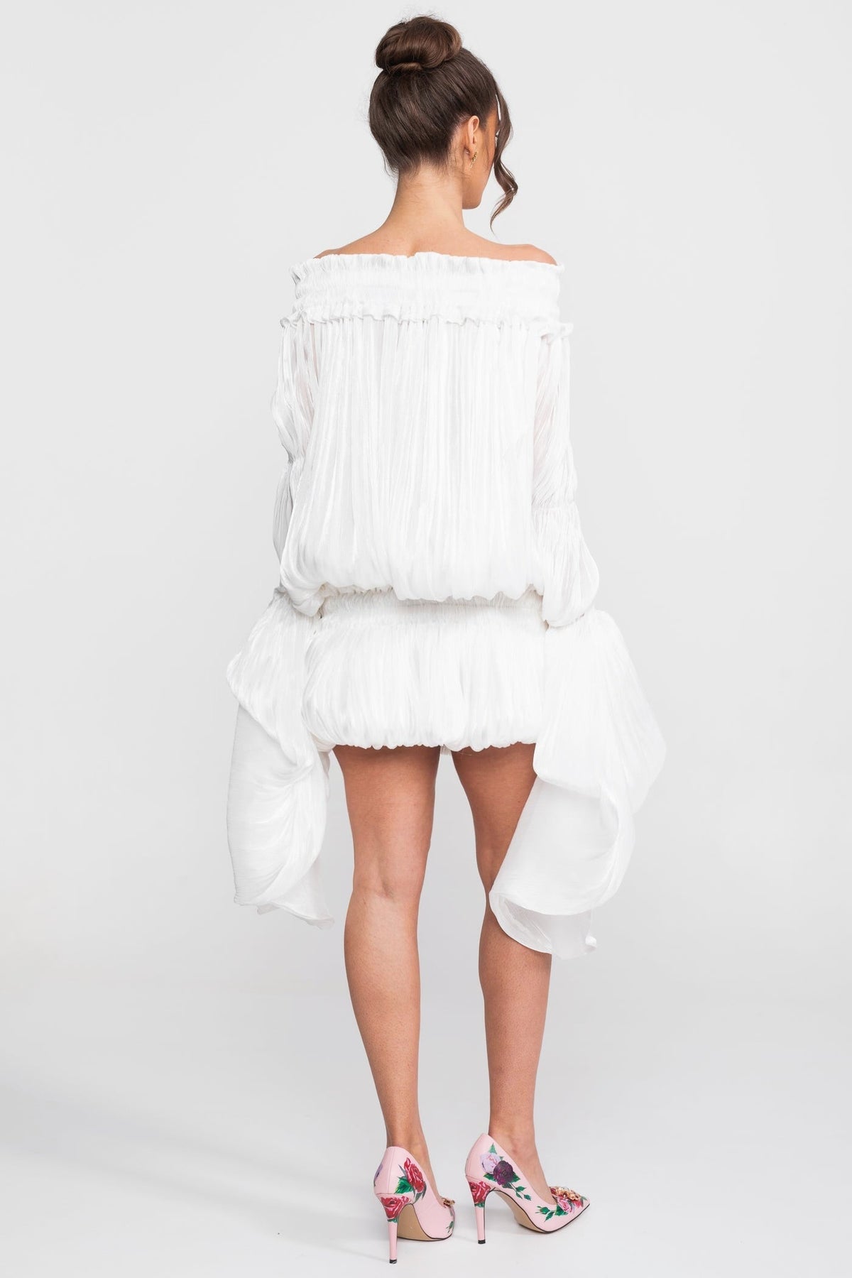 Off-Shoulder Ruffle Mini Dress With Draped Sleeves - White - View 5