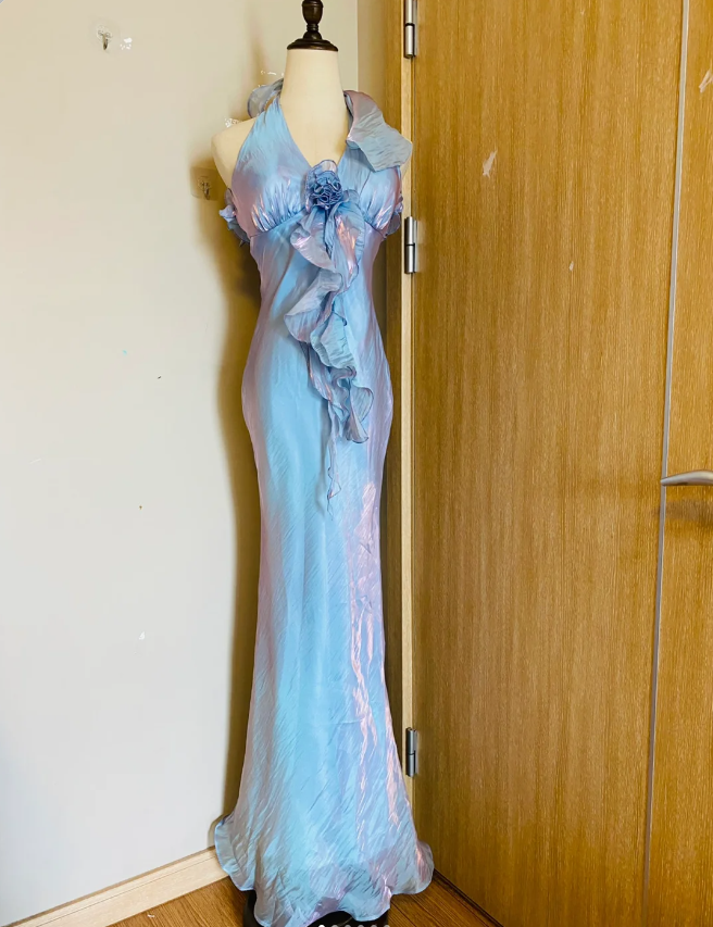 Dreamy Mermaid 3D Floral Ruffle Halter Neck Satin Long Prom Dress Evening Dress P4186