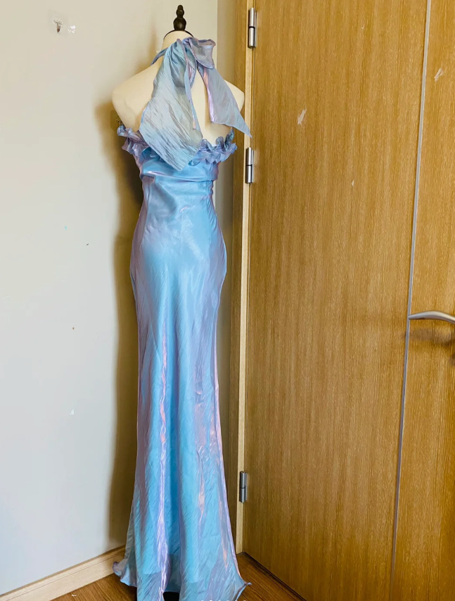 Dreamy Mermaid 3D Floral Ruffle Halter Neck Satin Long Prom Dress Evening Dress P4186